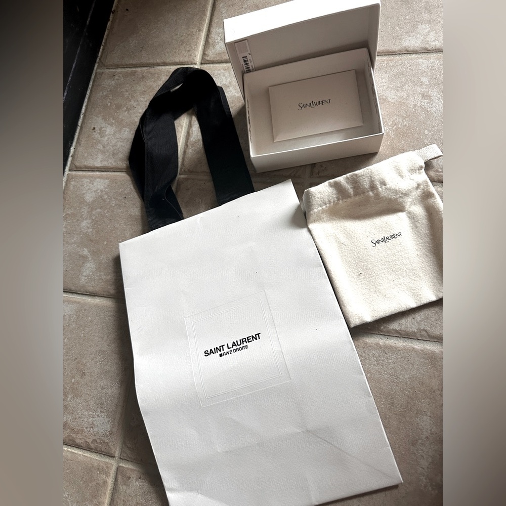 Saint Laurent White Tote with Black Ribbon Handles dustbag box wallet size box